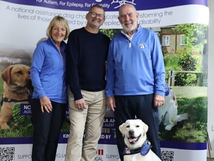 l-r Nikki Bishop (Abbeydale’s 2023-24 ladies’ captain), Steve Silverwood (ECA Business Energy) and Andy Daykin (Abbeydale’s 2023-24 men’s captain) with Support Dogs pup Abbey