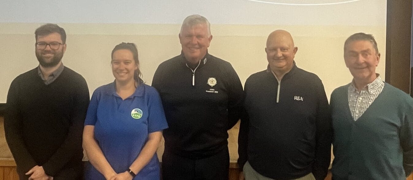 l-r Tom Young (The Environment Partnership), Marie Athorn (RSPB/R&A Partnership), Martin Greaves (YUGC president), Paul Woodham (R&A sustainable agronomy lead) and Jonathan Gaunt (Gaunt Golf Design)