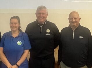 l-r Tom Young (The Environment Partnership), Marie Athorn (RSPB/R&A Partnership), Martin Greaves (YUGC president), Paul Woodham (R&A sustainable agronomy lead) and Jonathan Gaunt (Gaunt Golf Design)