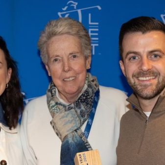 Forefront's Eimear McManus, LET board chair Marta Figueras-Dotti, and Forefront's Simon Honan with the Tournament of the Year award