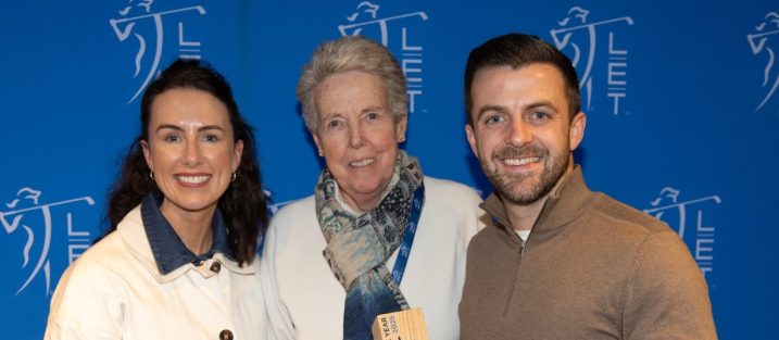 Forefront's Eimear McManus, LET board chair Marta Figueras-Dotti, and Forefront's Simon Honan with the Tournament of the Year award