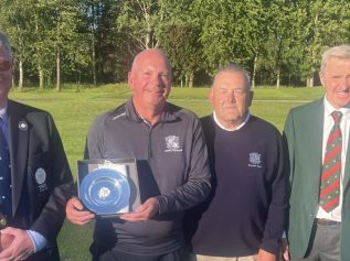 YUGC president Bruce Light, Sand Moor captain Paul Cornish, Sand Moor team manager Chris Jones, and Ripon City captain James Towler