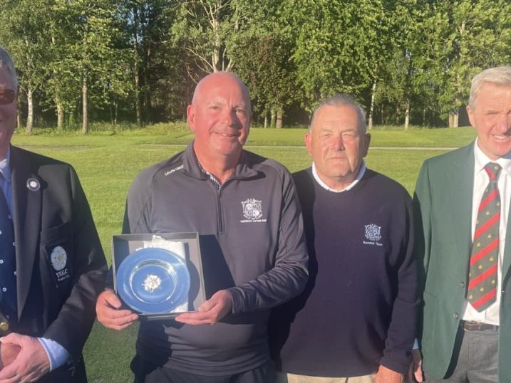 YUGC president Bruce Light, Sand Moor captain Paul Cornish, Sand Moor team manager Chris Jones, and Ripon City captain James Towler